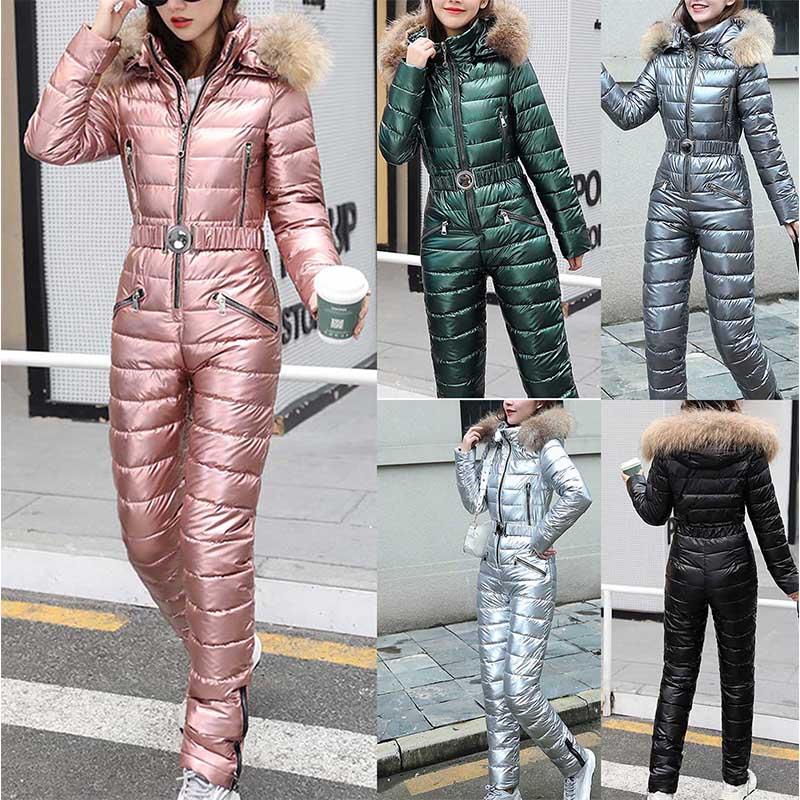 

Women Ski Suit Winter Plush Hoodie Collar Pockets Zipper Velvet Snowboard Jumpsuit Ski Suit plumifero mujer Jacket Women, Ivory