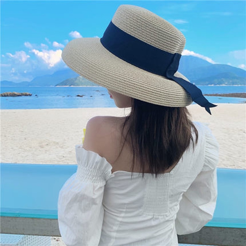 

Ymsaid Women's Sun Summer Beach Straw Women Boater Hat With Ribbon Tie For Vacation Holiday Audrey Hepburn Y200602, Beige