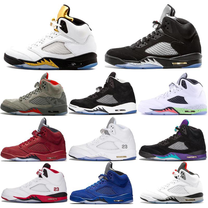 

2020 Newest 5 men Basketball Shoes Suede Olympic metallic Gold 5S Black Metallic Fire Red white Cement Grape oreo Sports sneaker 40-47