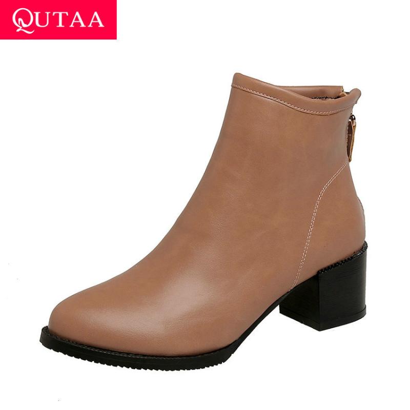

QUTAA 2021 Autumn Winter PU Leather Ankle Boots Keep Warm Zipper Women Shoes Round Toe Square Heel Short Boots Big Size 34-43, Black
