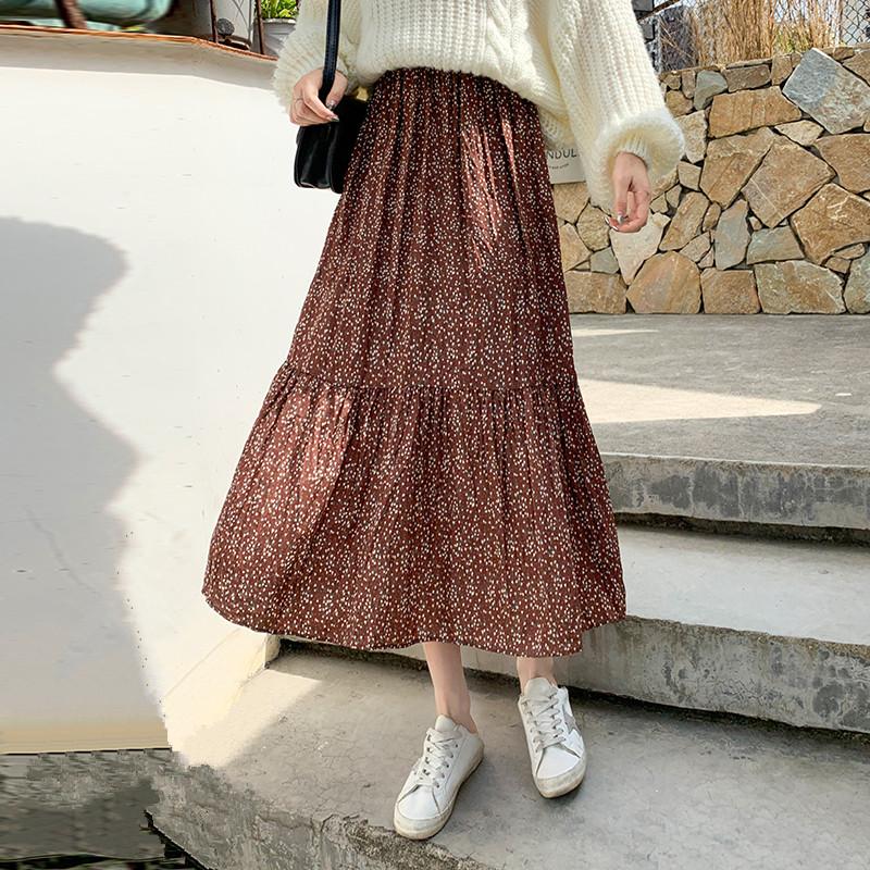 

2021 New Spring Autumn Women Elegant Slim High Waist Long Skirt High Quality Vintage Floral Pleated Hem Chiffon Skirt, Big floral black