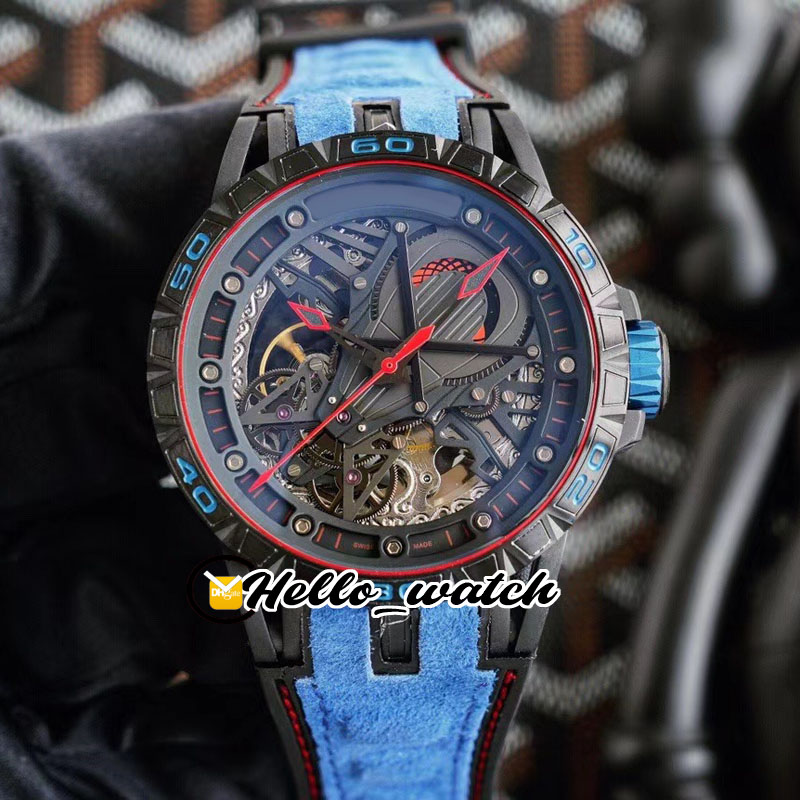 

New Excalibur Spider RDDBEX0686 Double Tourbillon Automatic Mens Watch Skeleton Diala Crystal Carbon Steel Case Blue Leather Hello_watch, Waterproof service