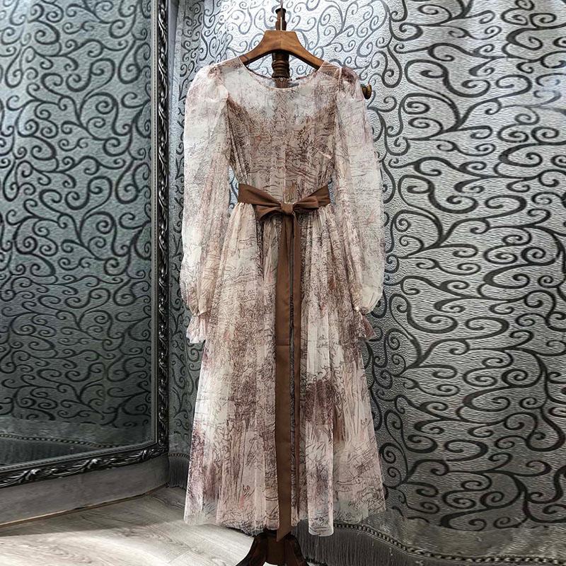 

New Ethnic Style Autumn Women Vintage Printed Lace-up Mesh Dress Female Full Sleeve Round Neck Elegant Party Long Dress Vestidos, Picture color