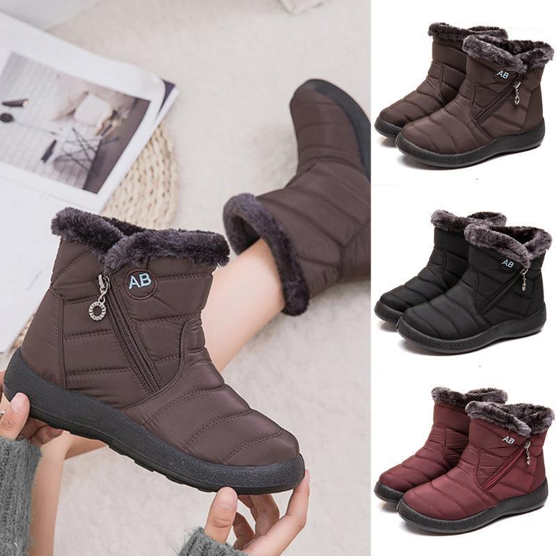 

Boots Women Fur Lind Waterproof Warm Snow Female Round Toe Ankle Ladies Winter Zipper Soild Color Low Heel D301, Black