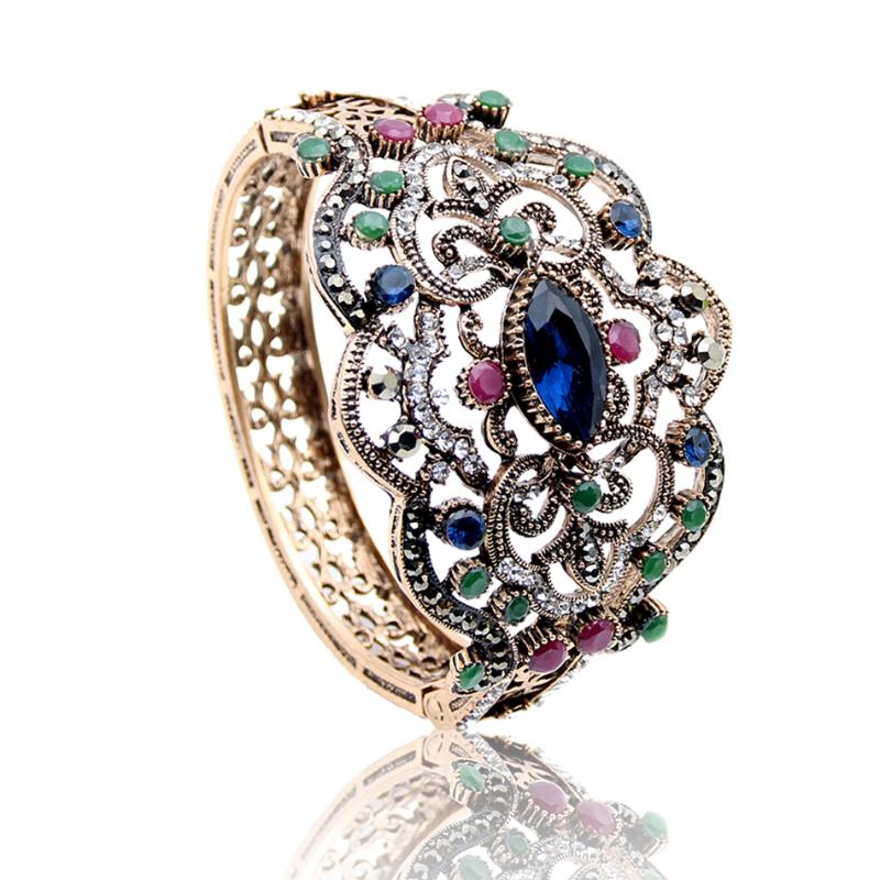 

Sunspicems Vintage Turkish Women Flower Bangle Full Rhinestone Wedding Jewelry Retro Gold Color Pulseiras Feminino