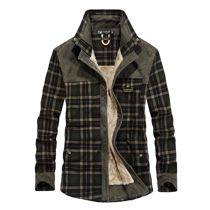 

Fleece Cashmere 2019 New Men Cotton Liner Casual Shirts Outerwear Plaid Thick Wool Liner Autumn Winter Shirt C1210, Light army green