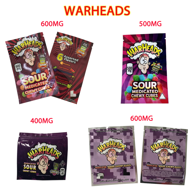 

Edible Packaging Bag 4 Types WARHEADS 400mg 500mg 600mg Gummies Mylar package container SOUR Medicated Chewy Cubes Sealing Retail Zipper Lock