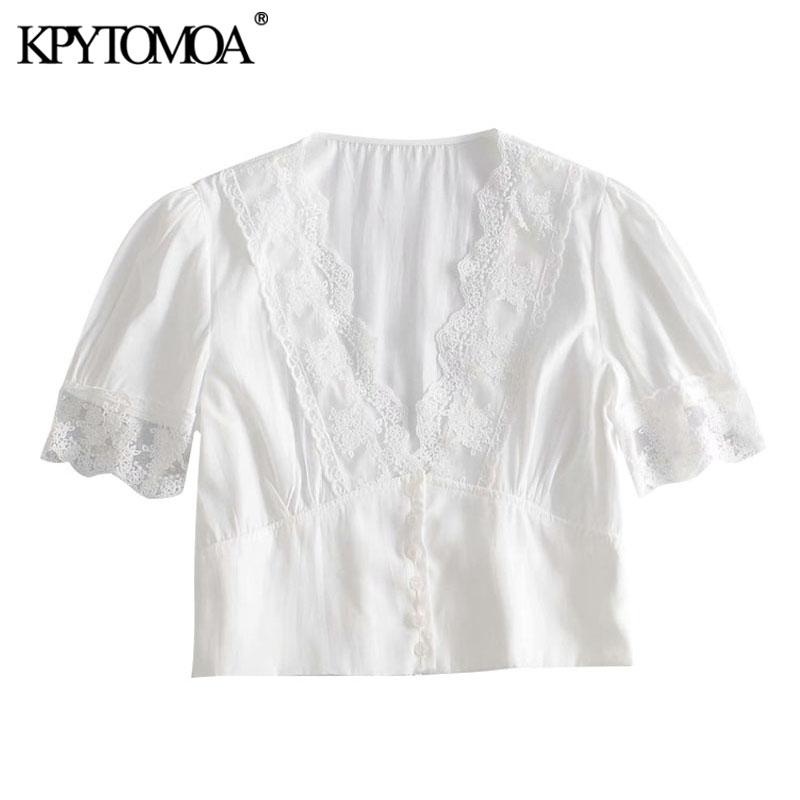 

KPYTOMOA Women 2020 Fashion With Lace Trim Cropped Blouses Vintage V Neck Short Sleeve Female Shirts Blusas Chic Tops, As picture