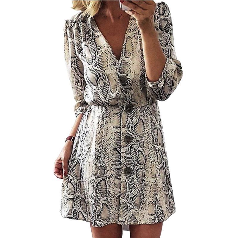 

Party Chiffon Loose Daily Button Down Half Sleeve Women Dress V Neck Snake Print Casual Mini Summer Shopping Elegant A Line, As pic