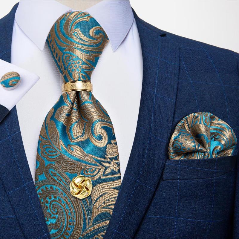 

Luxury Design Teal Blue Men Tie Brooch Ring Pocket Square Cufflinks Set 8cm Business Wedding Party Necktie For Men Gift DiBanGu