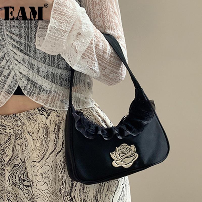 

[EAM] Women New Embroidered Roses With Lace Edges Nylon Personality All-match Crossbody Shoulder Bag Fashion Tide 2021 18A1235, Black