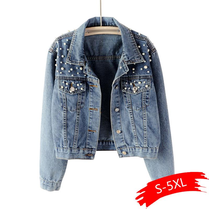 

Plus Size Pearl Beading Short Denim Jackets 3Xl 5Xl Women White Wash Long Sleeve Vintage Casual Jean Jacket Bomber Denim Coat, Black