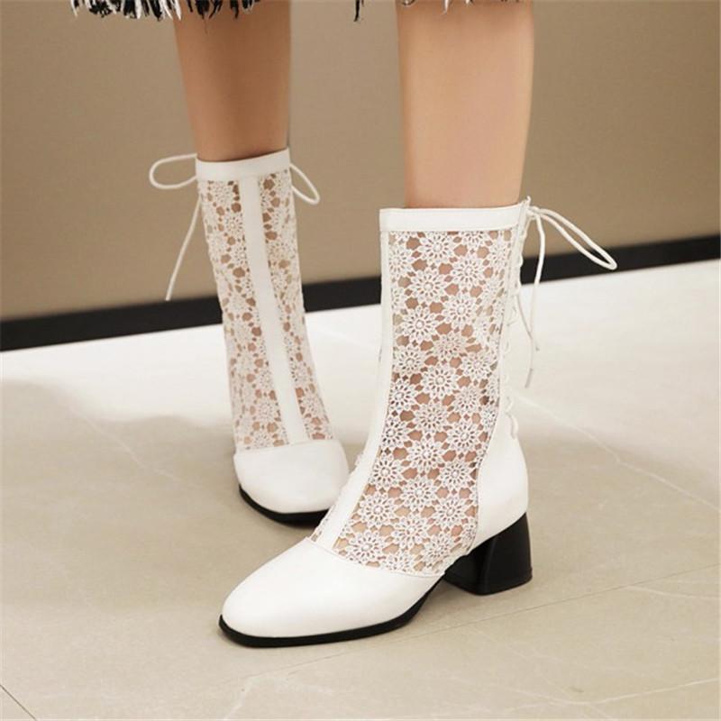 

PXELENA Punk Gothic Rome Gladiator Sandals Women Breathable Chunky High Heels Summer Mesh Ankle Boots Back Lace Up Black White