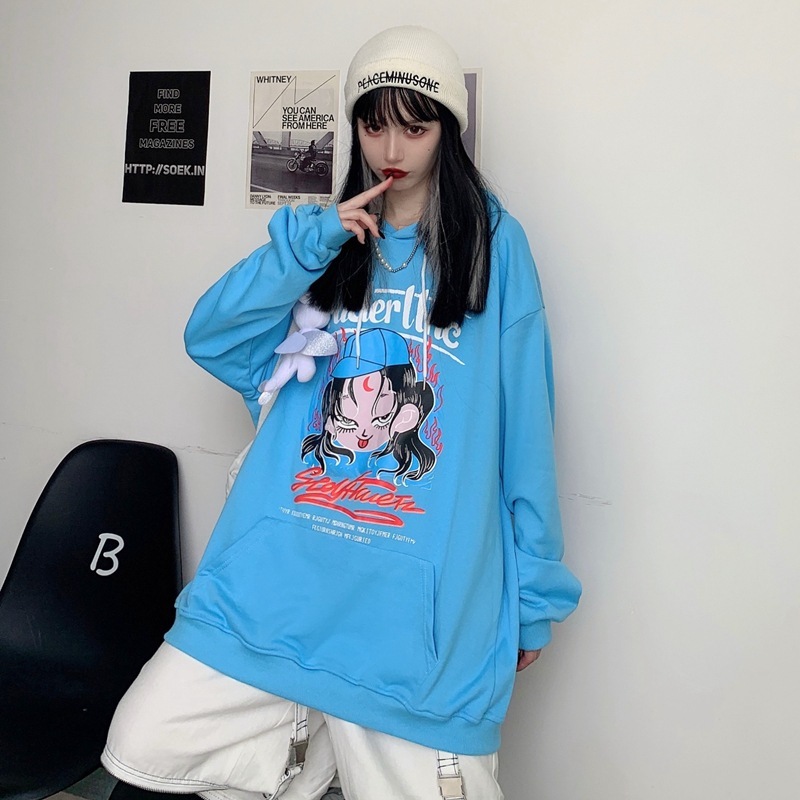

Lovely printed sweater loose fit lazy chic Korean women's 2020 new hooded versatile top 3MS3, Hm2337 light khaki