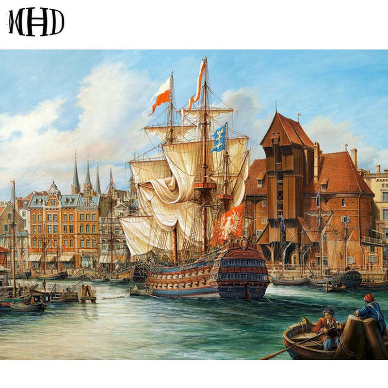 

Paintings MHD 3D Sailing Boat Full Square Diy Diamond Painting 5d Embroidery Crystal Cross Stitch Harbor Ship Sewing