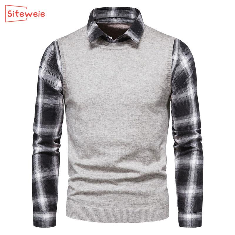 

SITEWEIE Fake Two Pieces Men's Sweater Black and White Plaid Lapel Collared Shirt Long Sleeve Men Basic Knitted Pullovers G576