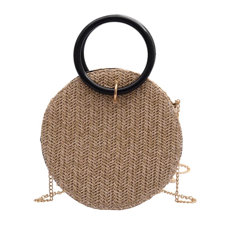 

2021 Fashion Round Straw Shoulder Bag Summer Elegant Crossbody Bag Boho Shoulder Chain Bags Handbag for Women Girls, Khaki