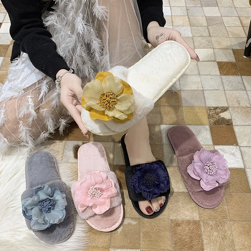 

COOTELILI Winter Women Home Slippers With Faux Fur Fashion Warm Shoes Woman Slip On Flats Female Flower Flats Slippers 36-41 #F40U, Beige