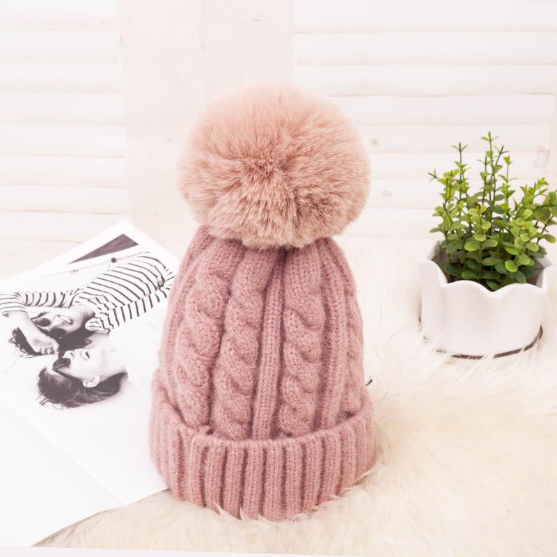 

Fashion Warm Knitted Women's Hat Striped Winter Hats For Women Pink Fur Pompom Wool Beanies Thick Skullies Cap faux Pom pom Hat, Color 3
