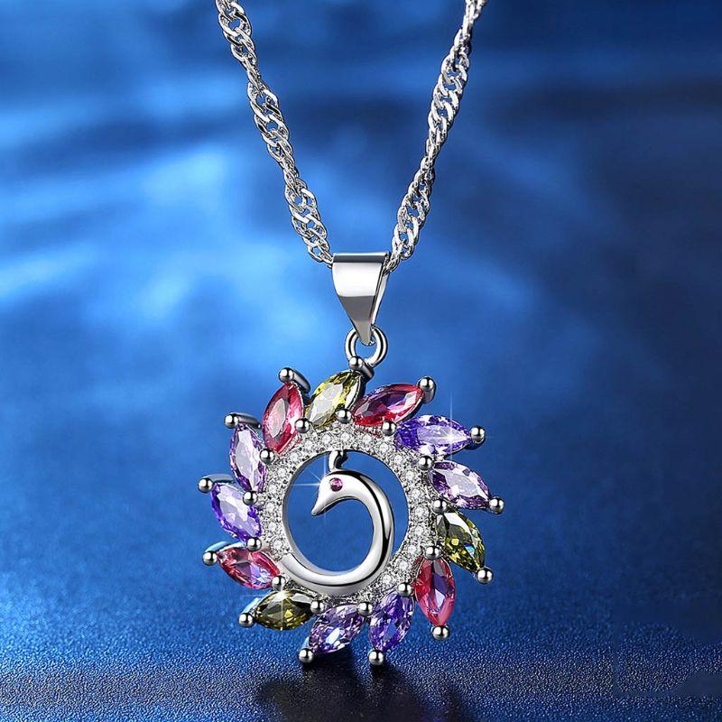 

Colorful Peacock Pendant Necklace 925 Sterling Silver Chain Women Gir lJewellery