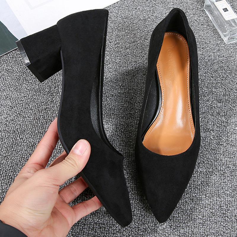 

Pointed Toe Thick High Heels Pumps Suede New Flock Shoes Women Black Soft Bottom Leather Shoes Low Heel Daily Simple Pumps1, Black 7cm