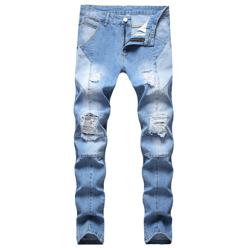 

Men's Jeans Mens Design Fashion Panelled Biker Skinny Distressed Light Blue Denim Pants Drop Wholesale Stock