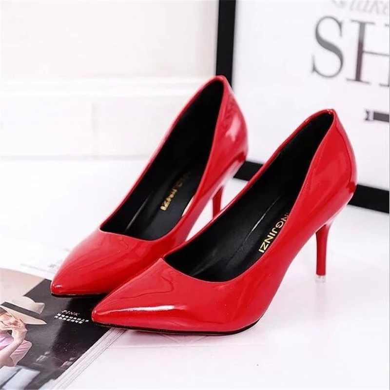 

2020 Sexy Women Shoes Red Pointed Toe Pumps Patent Leather Dress Shoes High Heels Boat Wedding Zapatos Mujer 8cm #AK6W, Beige