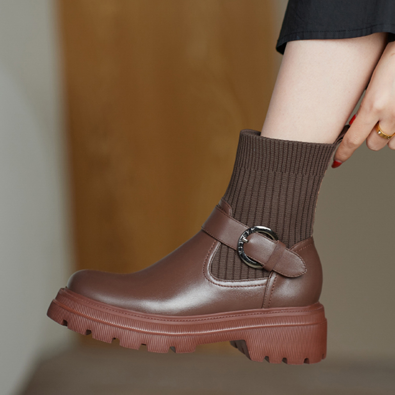 

2020 Chunky Stilettos Platform Autumn Genuine Leather Round Toe for Woman Party Ankle Boots Qrdp, Brown