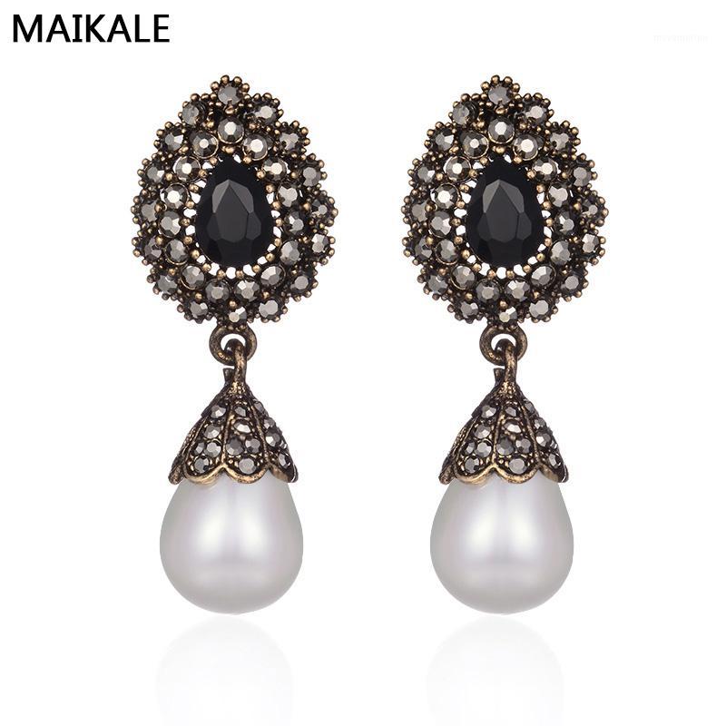

MAIKALE Vintage Pearl Earrings Black Rhinestone Big Flower Long Earrings with Pearl Stud for Women Party Jewelry Gifts1