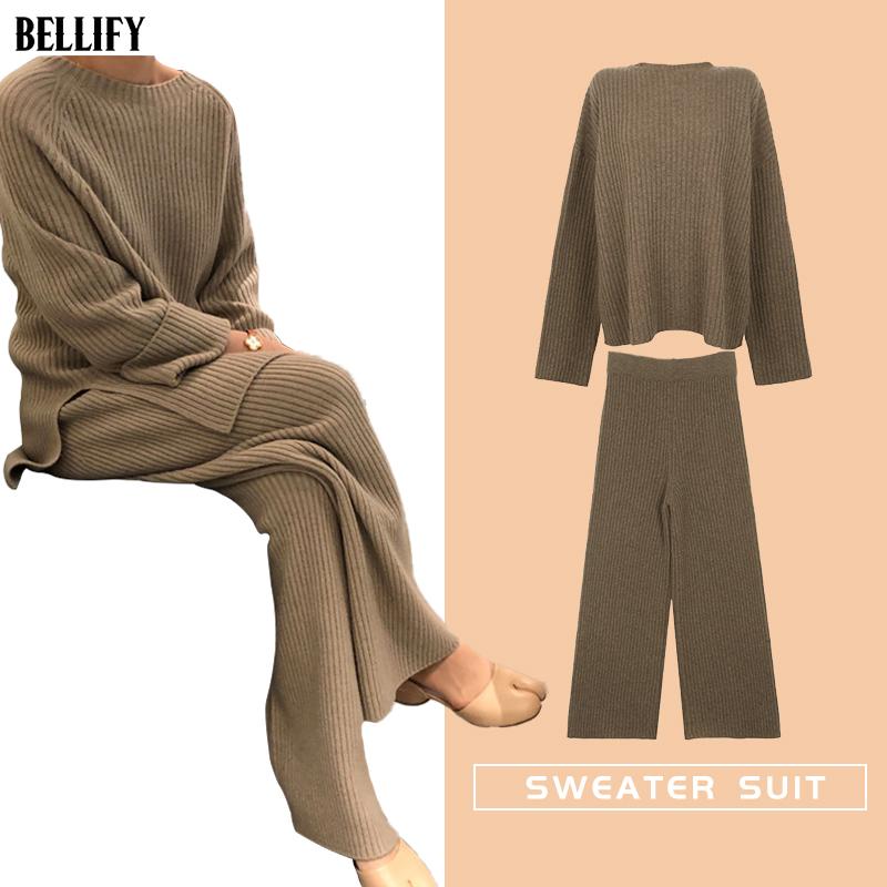 

2020 Winter women's sweater two piece set soft fabric loose pollover wide leg pants sets style female autumn suit, Blue