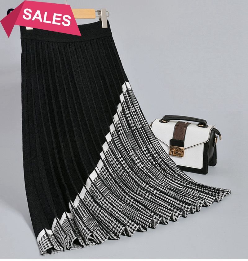 

2021 New Luxury Houndstooth Long Knit Women Pleated Autumn Winter Thick Warm a Line Chic Knitted Sweater Skirt Femme Qzs5, Grey 1229