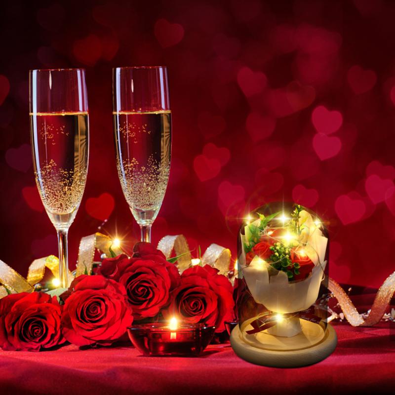 

1pc Christmas Gift Immortal Flower Glass Cover with LED Light Home Ornament, Pink