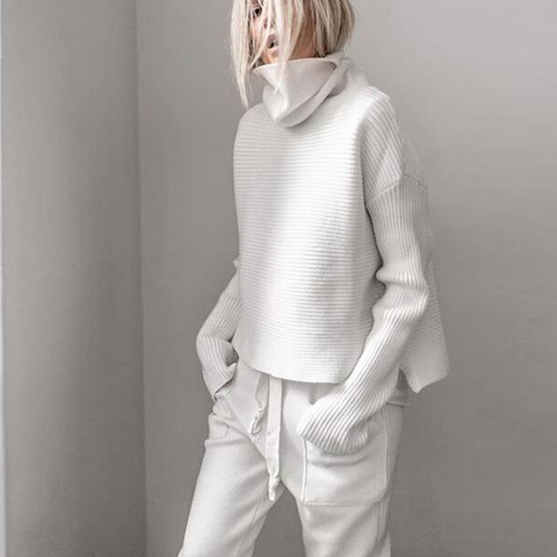 

Design feminino gola alta feminina manga longa solta inverno de malha pulver camisola senhoras casual escritrio novo 2020, White