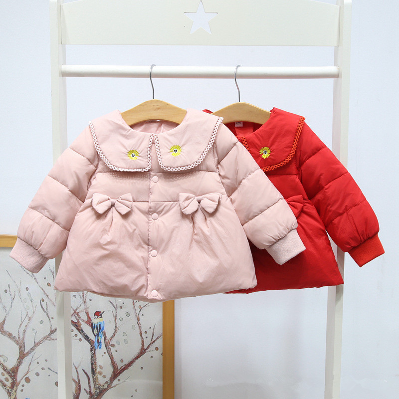 

2021 New Winter Baby Outerwear Infants Girls Princess Jacket Coats First Year Birthday Cotton Clothes with 2 Bows 0-2y Azk3, Red