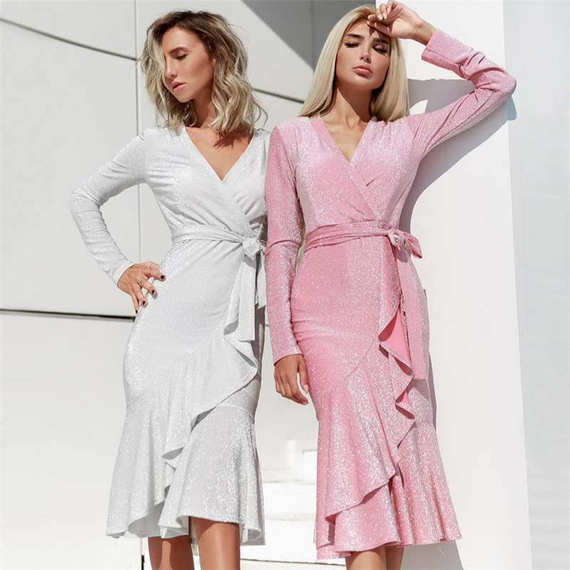 

2021 New Spring Fashion Blingbling Bright Silk Sexy v Neck Pink Women Elegant Irregular Ruffle Party Yz2a