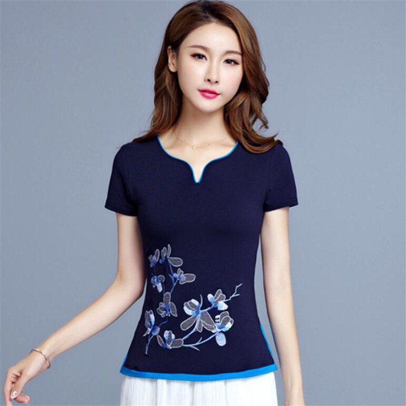 

National Style 2021 Summer v Collar Flower Embroidered t Shirt Women Plus Size 5xl Short Sleeve Cotton P872 Tops 7rpt, Unkwihteunk