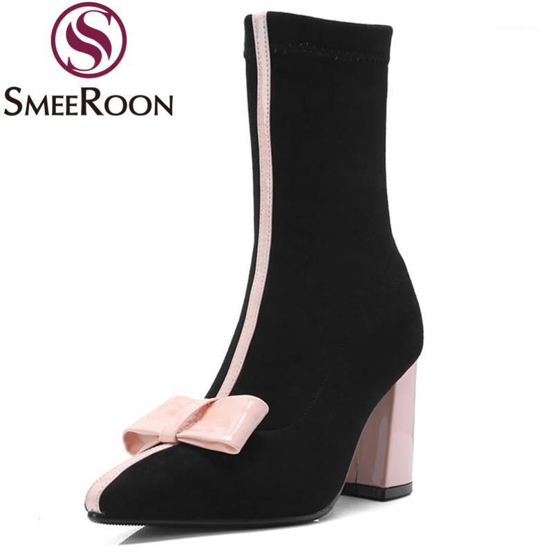 

Smeeroon ankle boots woman butterfly knot pointed toe winter boots sweet convenient bowknot women's shoes high thick heels1, Black