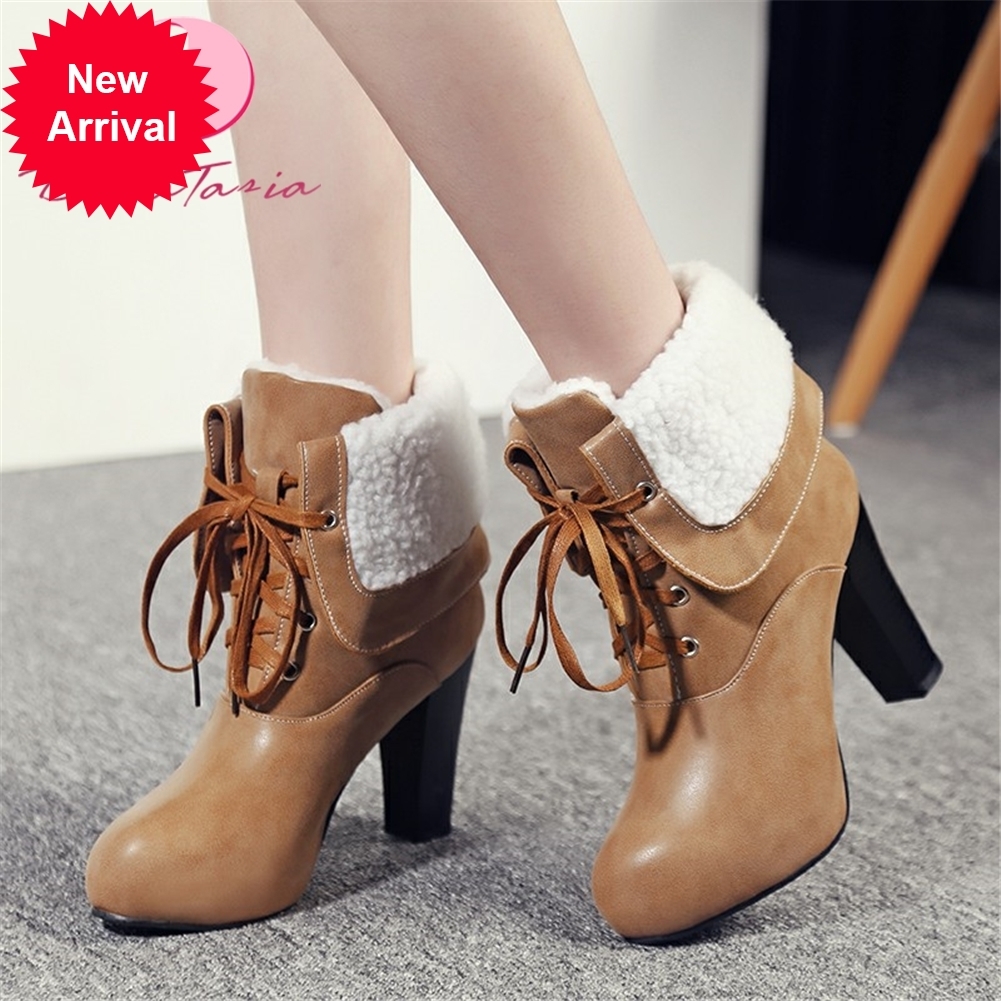

2021 The New Size Large 33-43 Female Ankle Thick High Heels, Snow Plush Winter Boots Women Shoes with Warm 1v8n, Red.