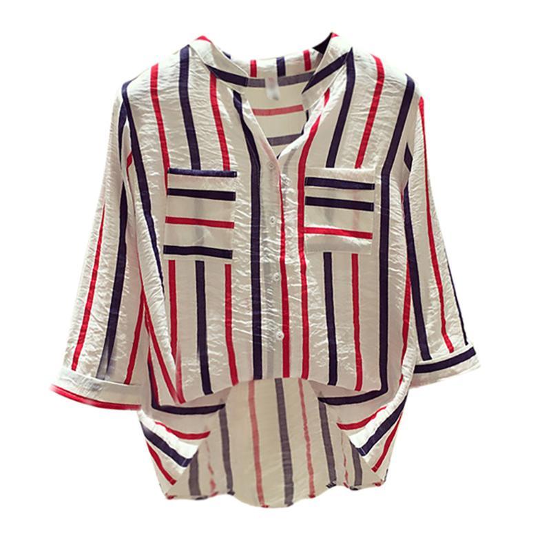 

2020 Striped Print Shirt Women Blouses Summer Half Sleeve V Neck Tops Japan Korean Streetwear Kimono Office Ladies Woman Blusas, Blue