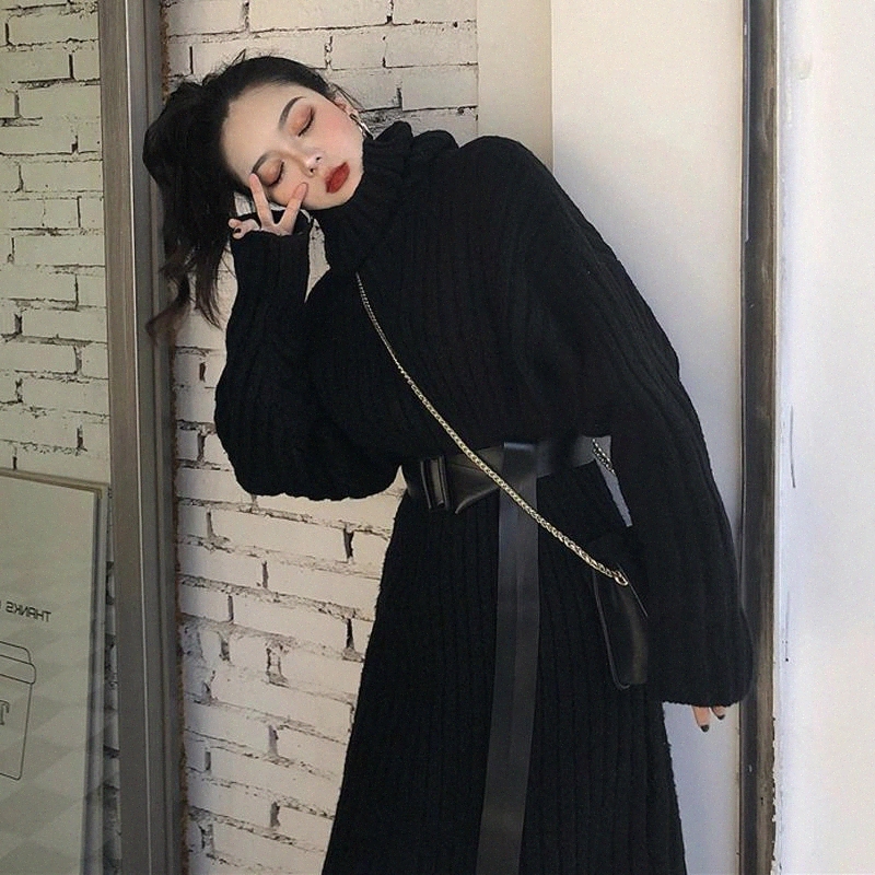 

Autumn and winter new female thickened scheming little black dress Hepburn long skirt long sweater over-the-knee base dress #k71A, Black;gray