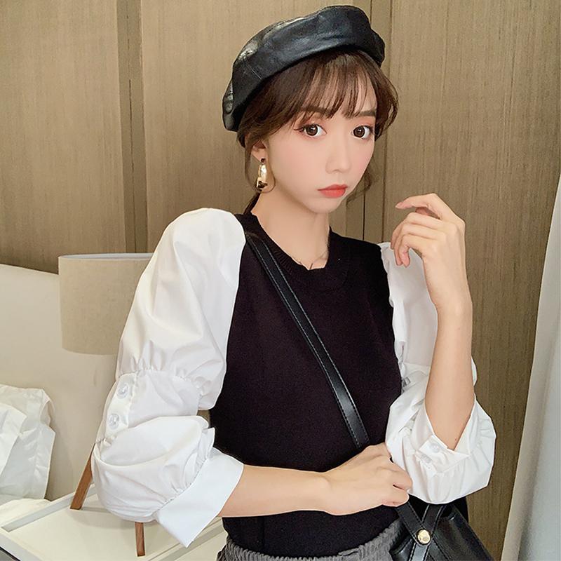 

Vintage Patchwork Knitted Blouse women Korean Clothes Puff Sleeve ELegant Blouse Ladies Tops Loose Shirts blusas mujer, As pic