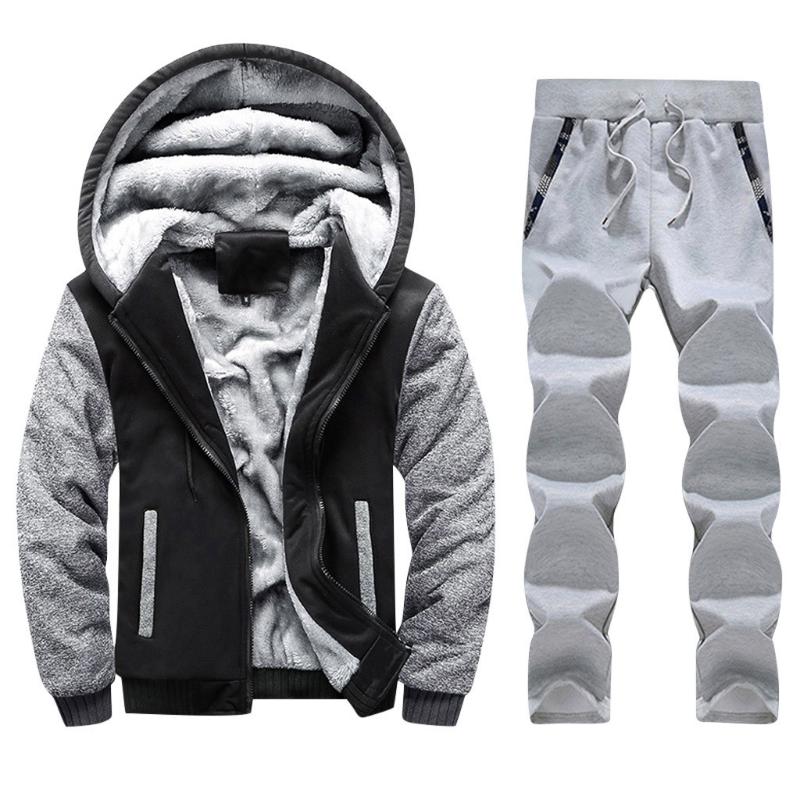 

Multicolor Men Winter warm Hoodie hot sale Thicken Zipper Fur Inside Sweater mans Outwear 2pc Coat Pants Sets large size 5XL, Red