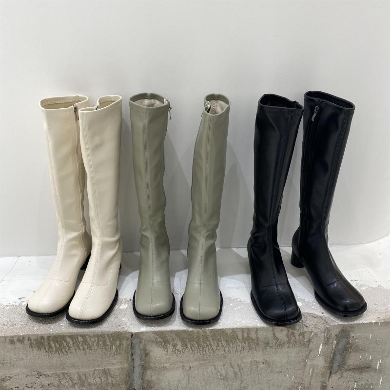 

DXFAN Med Thick Heel Long Knee Boots Women Specil Round Toe Fur Inside Warm Winter Boots Side Zip Elegant Solid Botas Mujer, Black