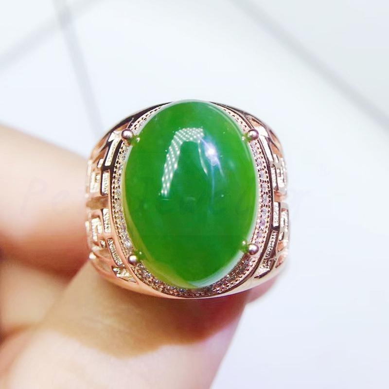 

Cluster Rings Per Jewelry Men Ring Natural Real Green Jade 12*16mm 13ct Gemstone 925 Sterling Silver Fine Q2042930, Golden;silver