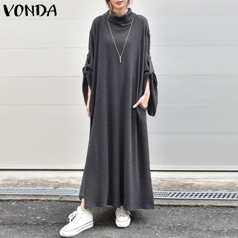 

Casual Long Sleeve Maxi Dress Women' Turtleneck Sundress VONDA Fashion Solid Loose Dress 2020 Split Dresses Vestidos Robe -5XL, Black