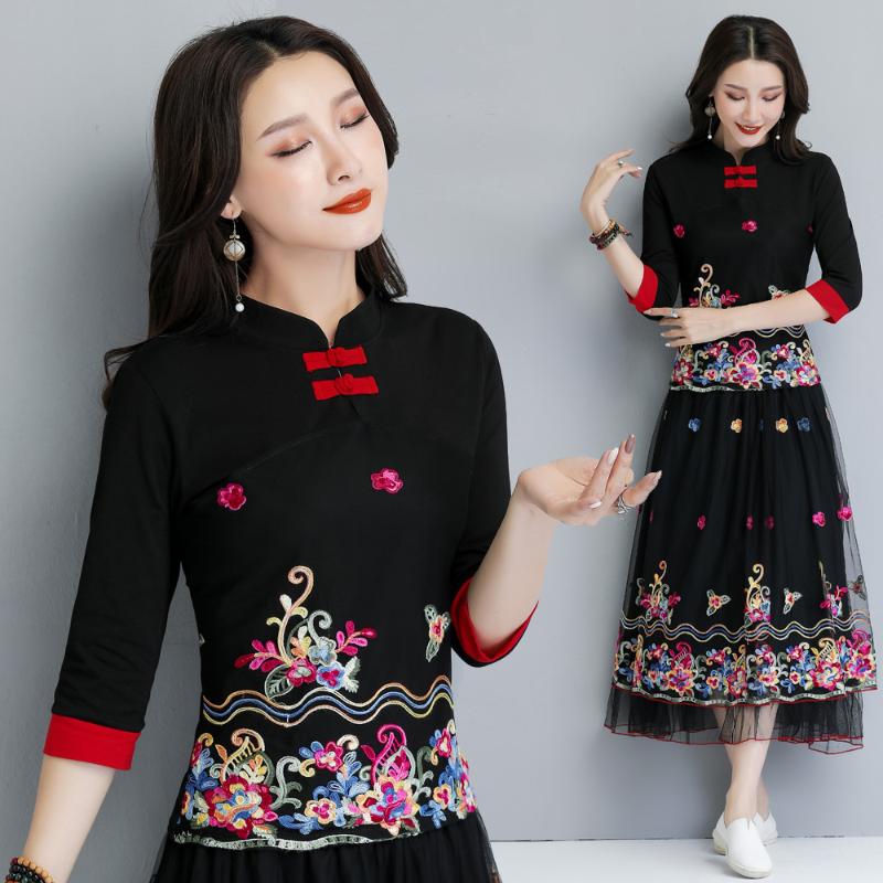 

online chinese store chinese shirt ethnic black blouse women vintage mandarin collar three quarter sleeve embroidery shirt, Top