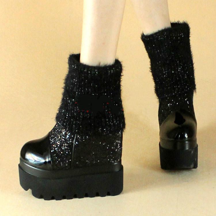 

Autumn new 12 cm ultra tall heel sexy hairy wedge heel ankle boots platform shoes for women, Black