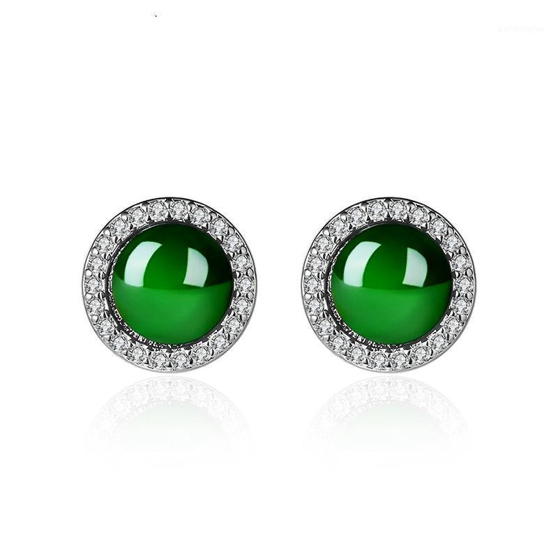 

European And American Emerald Green Chalcedony Earrings Diamond Round Agate Women Retro Low Luxury Earrin Stud, Golden;silver