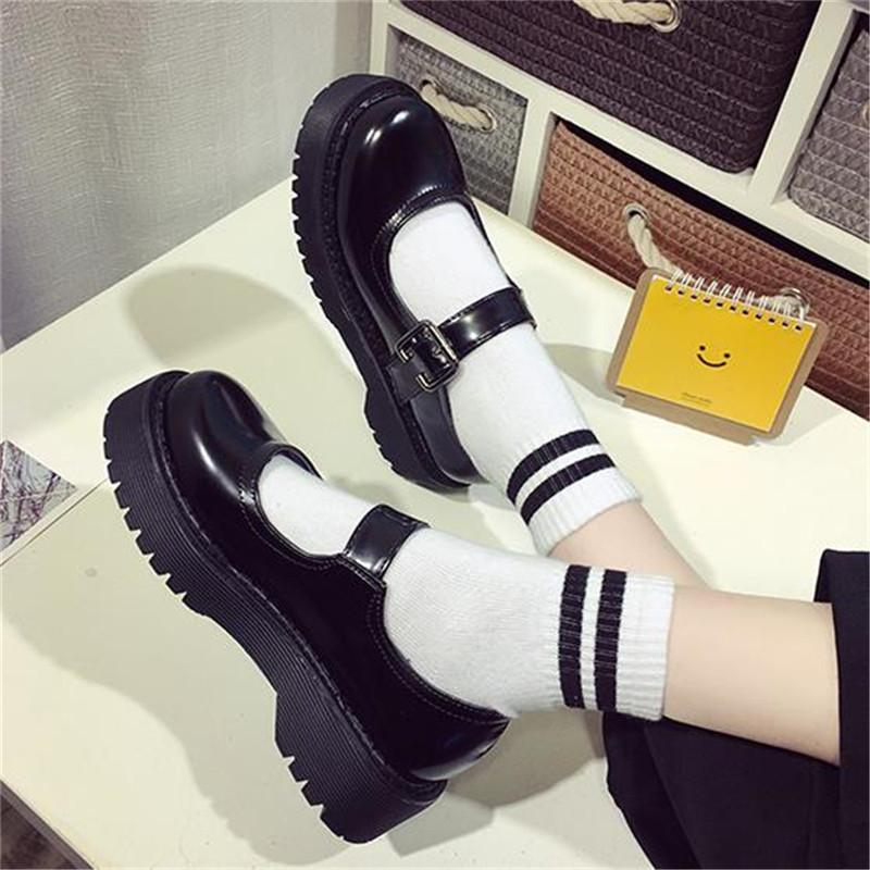 

Buckle Strap Muffin Shoes Women Japanese Style Round Toe Small Soft-soled College Doll Single Shoes Sweet Girl Leather, Black