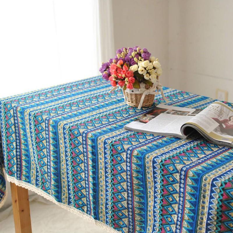 

Red Blue Ethnic Style Geometric Patterns Cotton and Linen Tablecloth Southeast Asian Decor for Wedding Party Coffee Dining Table